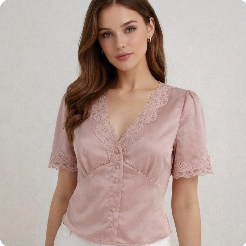 ️NWT Anthropologie Joie Blush Pink Satin Babydoll Top S Coquette Feminine Lacy